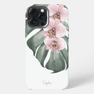 Funda Para iPhone 13 Pro Max Orquídeas rosas en el floral tropical de Monstera