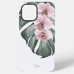 Funda Para iPhone 12 Pro Max Orquídeas rosas en el floral tropical de Monstera