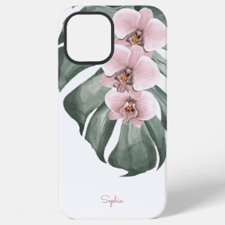 Funda Para iPhone 12 Pro Max Orquídeas rosas en el floral tropical de Monstera