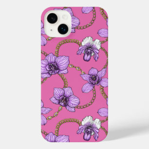 Funda Para iPhone 14 Plus orquídeas y cadenas, violetas y rosas