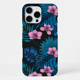 Funda Para iPhone 16 Pro Max Orquídeas y hojas de palma, rosa y azul en negro