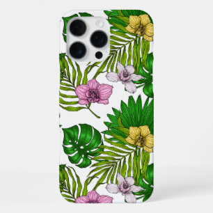 Funda Para iPhone 16 Pro Max Orquídeas y hojas de palma, rosadas, amarillas, ve