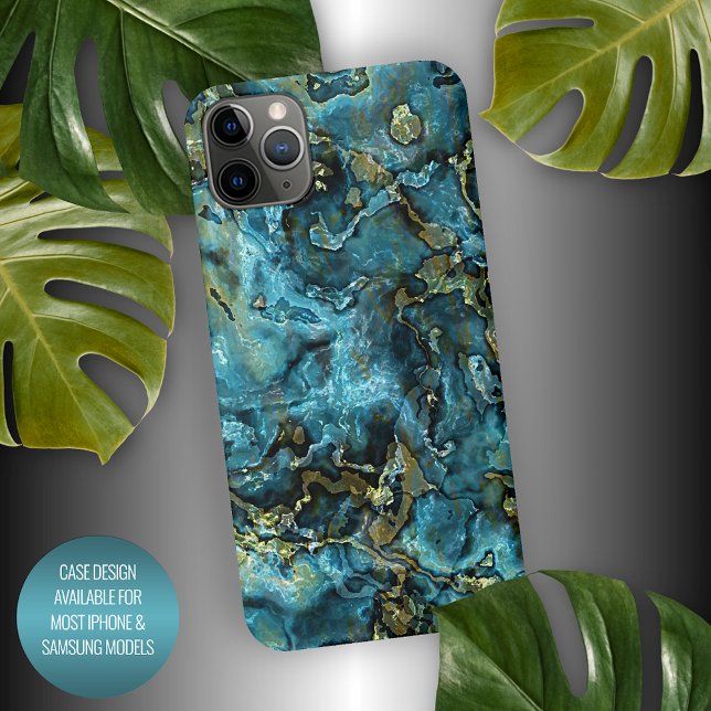 Funda Para iPhone Oscuro Verde azulado Turquesa azul Faux Gold Agate (Subido por el creador)