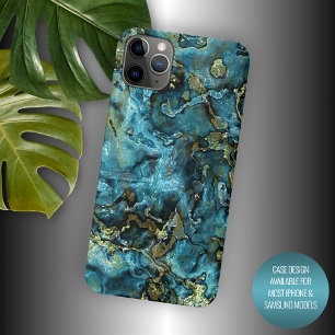 Funda Para iPhone 16 Pro Max Oscuro Verde azulado Turquesa azul Faux Gold Agate