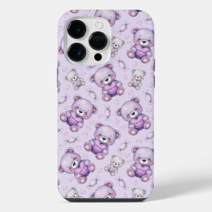 Funda Para iPhone 14 Pro Max Oso de Amor Morado y Patrón Continuo de Corazones