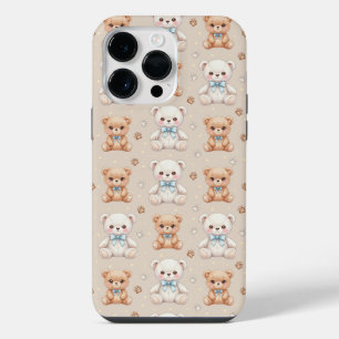 Funda Para iPhone 14 Pro Max Oso de peluche lindo y lazos azules patrón sin fis