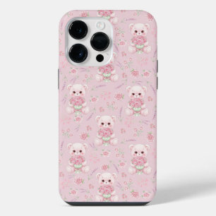 Funda Para iPhone 14 Pro Max Oso de Rosa Lindo y Patrón Continuo de Ramo Floral