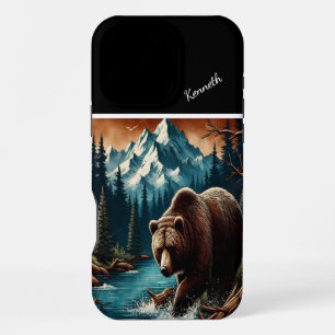 Funda Para iPhone 16 Pro Max Oso Grizzly De Montaña Pescando Al Atardecer