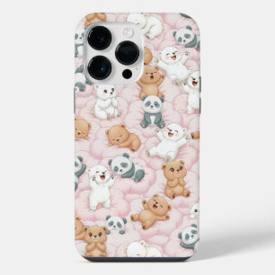 Funda Para iPhone 14 Pro Max Osos y pandas lindos en nubes rosadas sin fisuras