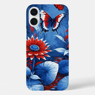 Funda Para iPhone 16 Plus Paisaje de ensueño patriótico de flor y mariposa