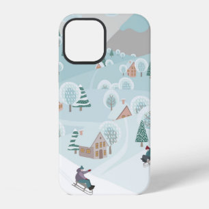 Funda Para iPhone 12 Paisaje invernal con nieve, árboles y niños en