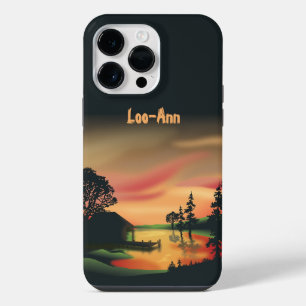 Funda Para iPhone 14 Pro Max Paisaje Vintage Verde Naranja Rojo Atardecer