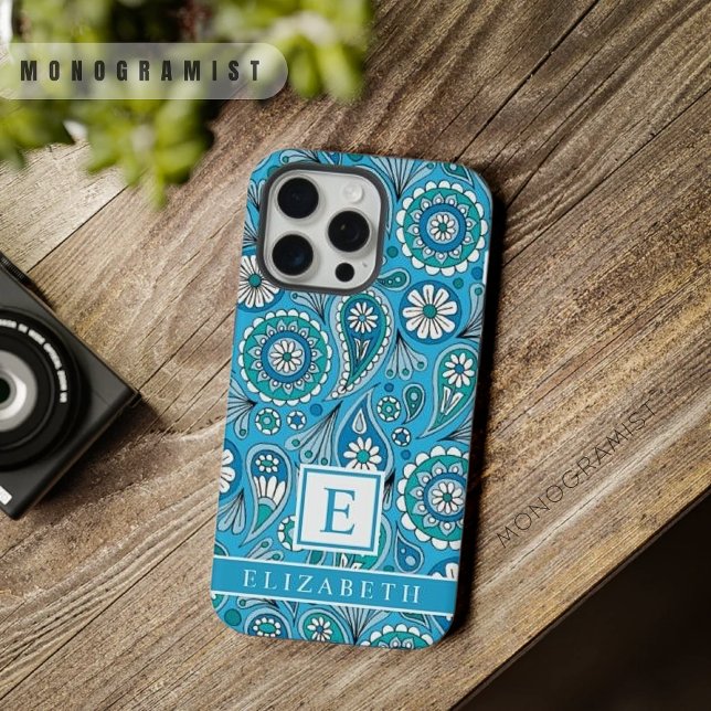 Funda Para iPhone Paisley blanca azul claro y brillante de personali (Customizable Bright Light Blue White Paisley iPhone Case)