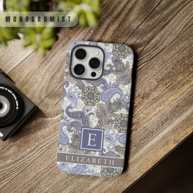 Funda Para iPhone Paisley blanca azul violeta y gris personalizable (Customizable Blue Purple Grey White Paisley iPhone Case)