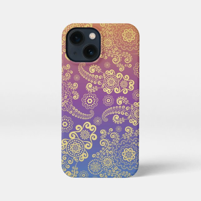 Funda Para iPhone Paisley de lujo dorado sobre azul, púrpura y Naran (Reverso )