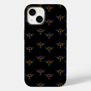 Funda Para iPhone 14 Pájaro abstracto dorado, púrpura y verde sobre neg