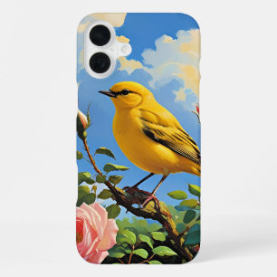 Funda Para iPhone 16 Plus Pájaro amarillo colorido y rosas rosadas bonitas