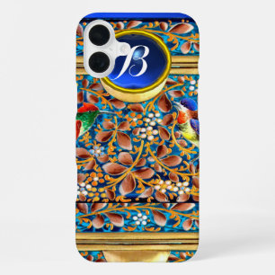 FUNDA PARA iPhone 16 PLUS PÁJAROS COLORIDOS Y PLANTAS FLORALES GIMNASIO AZUL