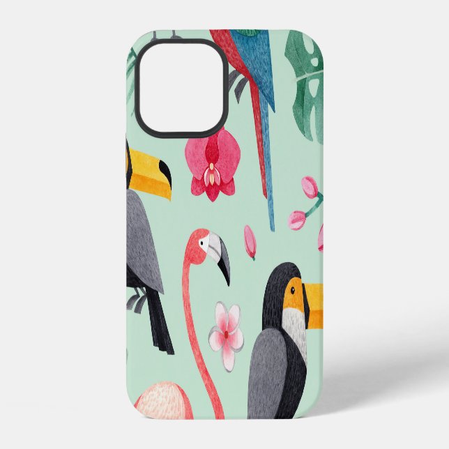 Funda Para iPhone Pájaros tropicales, flores, patrón de acuarela. (Reverso )