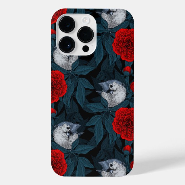 Funda Para iPhone Pájaros y flores de peonía rojas con hojas azules (Reverso)