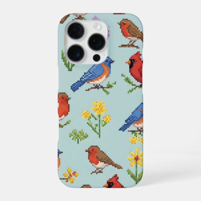 Funda Para iPhone Pájaros y Flores de Pixel (Reverso)