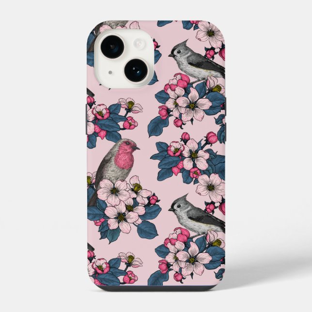 Funda Para iPhone Pájaros y flores en rosa (Reverso )