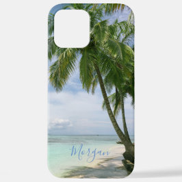 Funda Para iPhone 12 Pro Max Palm Trees, Tu Foto, Nombre Guión Azul