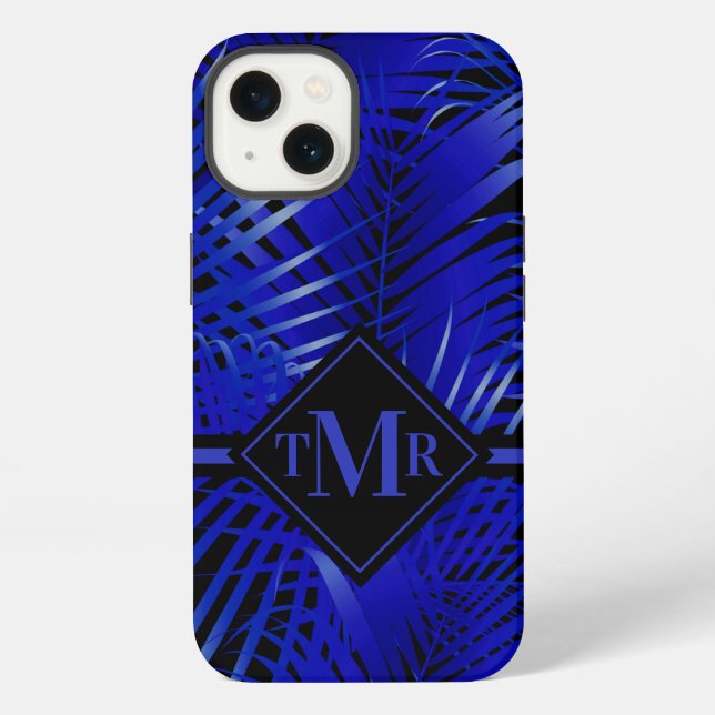 Funda Para iPhone Palma azul tropical monogramada (Reverso )