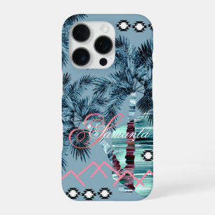 Funda Para iPhone 16 Pro Palma hawaiana azul negro monograma personalizado