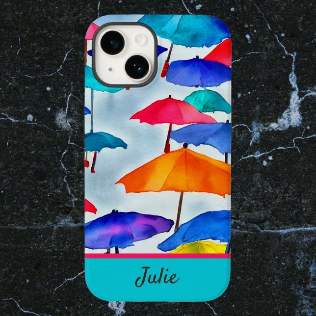 Funda Para iPhone Paraguas de acuarela alegre con nombre (Subido por el creador)