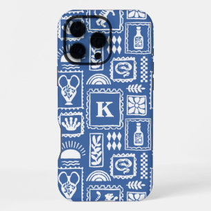 Funda Para iPhone 16 Pro Max Patrón abstracto azul blanco moderno monograma