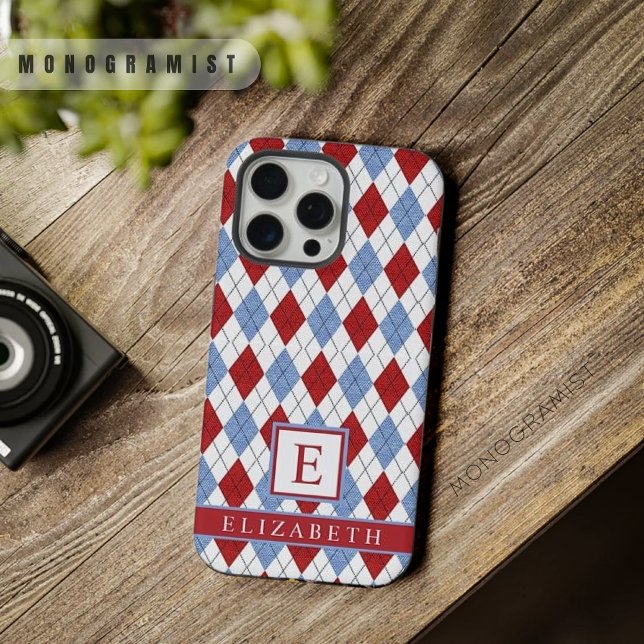 Funda Para iPhone Patrón Argyle Blanco Azul Rojo Personalizable (Customizable White Blue Red Argyle Pattern iPhone Case)