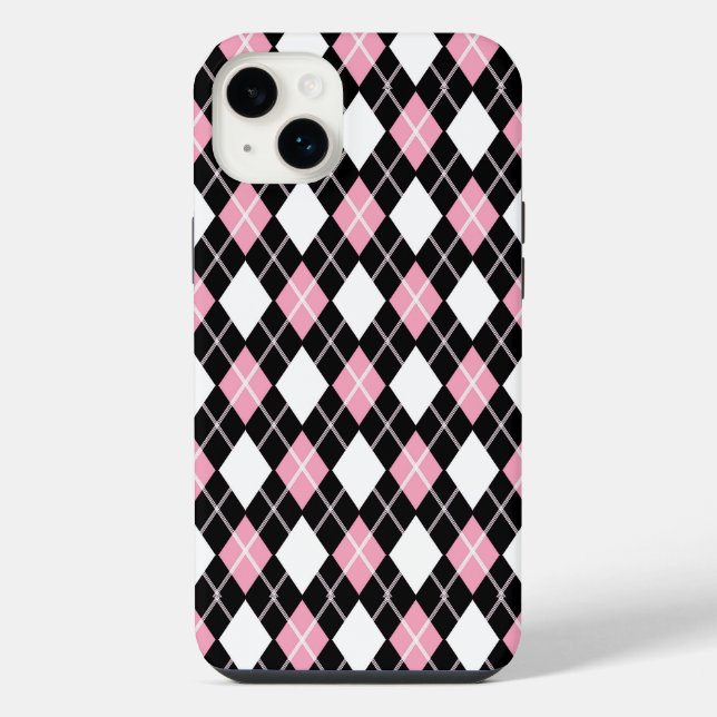Funda Para iPhone Patrón Argyle continuo de negro y rosa (Reverso)