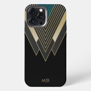Funda Para iPhone 13 Pro Max Patrón Art Deco Negro y Oro con Monograma