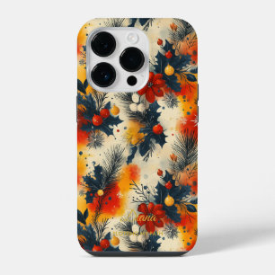 Funda Para iPhone 14 Pro Patrón Botánico Floral de Navidad con Cita de Nomb