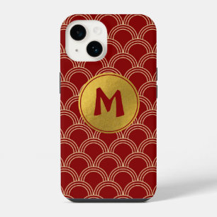Funda Para iPhone 14 Patrón Chino Tradicional Rojo y Dorado Monograma