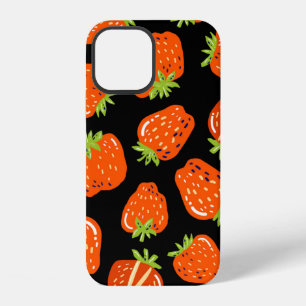 Funda Para iPhone 12 Patrón continuo con fresas pequeñas sobre negro