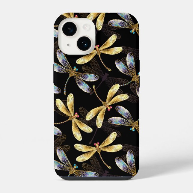 Funda Para iPhone Patrón continuo con libélulas doradas (Reverso )