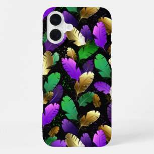 Funda Para iPhone 16 Plus Patrón continuo con plumas de Mardi Gras