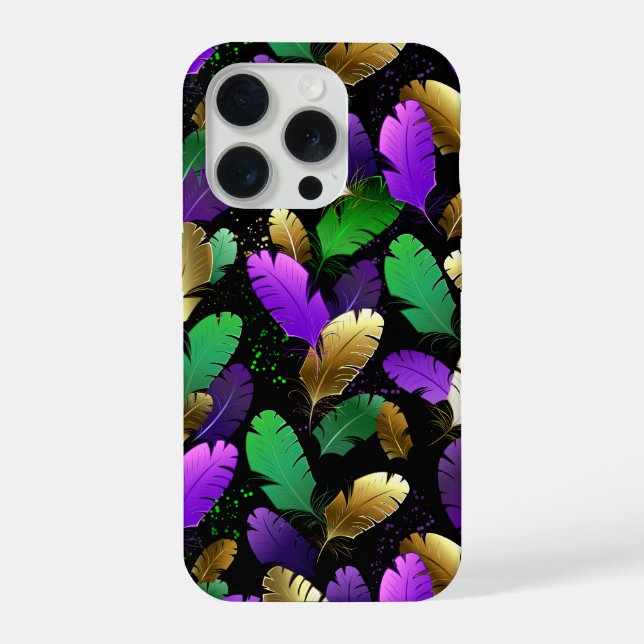 Funda Para iPhone Patrón continuo con plumas de Mardi Gras (Reverso )