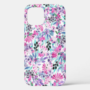 Funda Para iPhone 12 Patrón continuo de flores y bayas moradas, azul