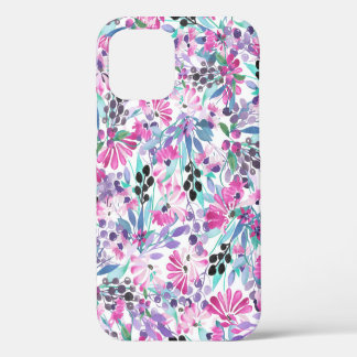 Funda Para iPhone 12 Patrón continuo de flores y bayas moradas, azul