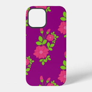 Funda Para iPhone 12 Patrón continuo morado con flores rosadas y hojas