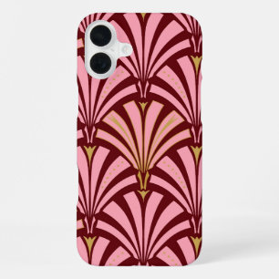 Funda Para iPhone 16 Plus patrón de abanico Art Deco - rosa y granate