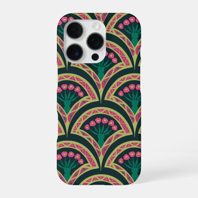 Funda Para iPhone Patrón de abanico floral rosa y verde (Reverso)