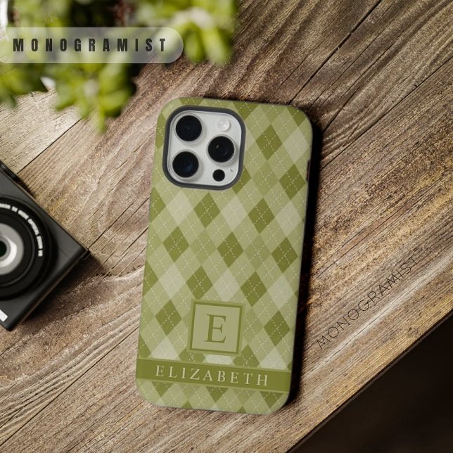 Funda Para iPhone Patrón de arcilla verde de oliva gris de personali (Customizable Grey Sage Olive Green Argyle Pattern iPhone Case)
