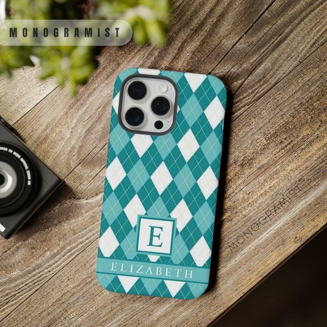 Funda Para iPhone Patrón de arrábano verde azul Verde azulado de per (Customizable Teal Blue Green White Argyle Pattern iPhone Case)