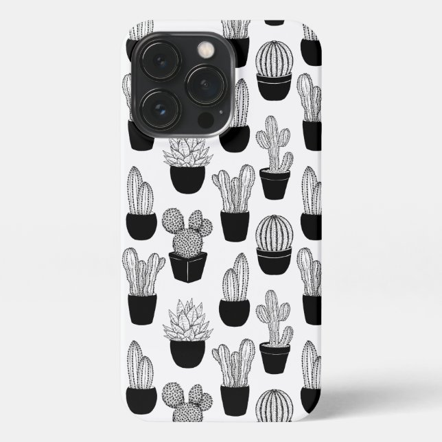 Funda Para iPhone Patrón de arte de la línea negra de Cacti (Reverso)