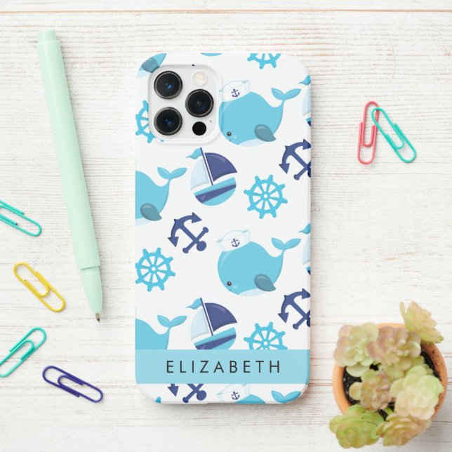 Funda Para iPhone Patrón de ballenas, ballenas azules, tu nombre (En el escritorio)
