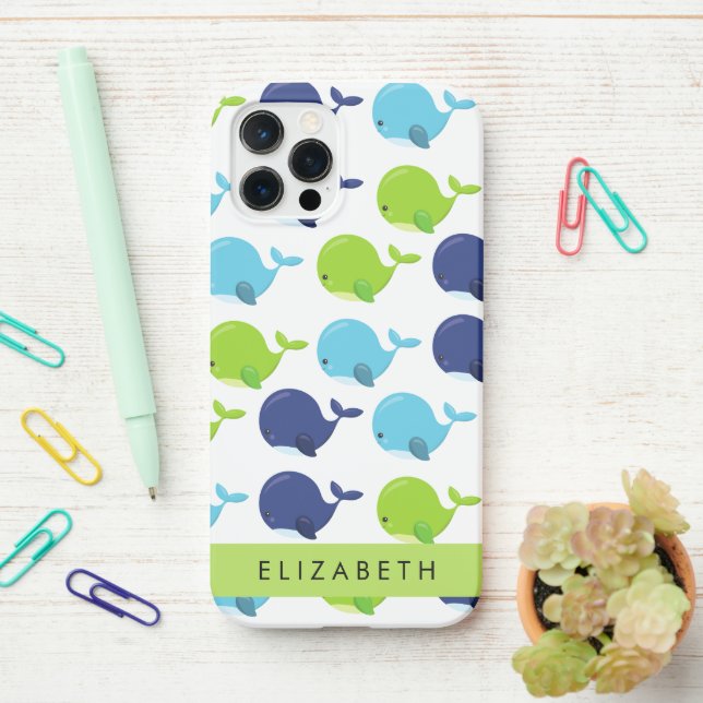 Funda Para iPhone Patrón de Ballenas, Ballenas Cutas, Tu Nombre (En el escritorio)